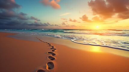 Footprints in the sand on the beach at sunset