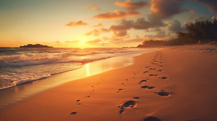 Footprints in the sand on the beach at sunset - obrazy, fototapety, plakaty