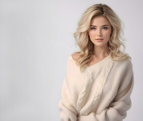 Beautiful European girl with blond hair in winter clothes. Young fashion female model wearing white knitted winter sweater. Isolated on flat background with copy space, winter collection.
