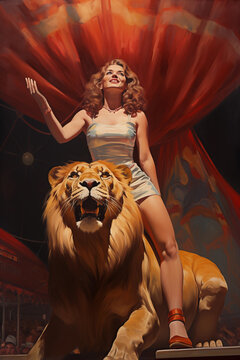 woman with lion in bigtop vintage circus painting	