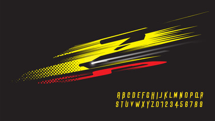 Car sticker stripes on black background. Alphabet fonts with motion effects and Halftone pattern  - obrazy, fototapety, plakaty