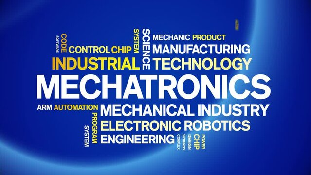 Mechatronics animated tag word cloud;text design animation kinetic typography seamless loop.