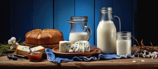 Fototapeta na wymiar In an isolated old wooden cottage surrounded by a blue background, a healthy meal is being prepared with fresh milk and cheese made from sheeps milk, creating a delicious dessert that depicts a