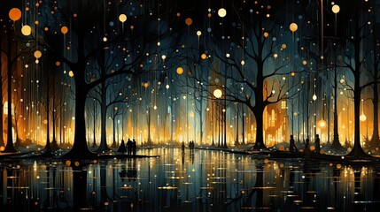 AI-generated landscape illustration of a gathering of people on a winter night in the city park. MidJourney.