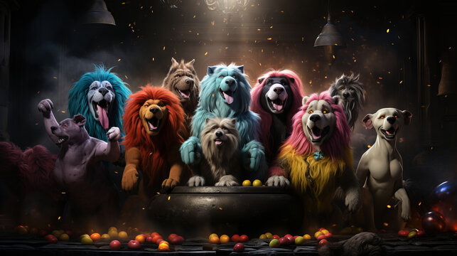 Illustration of dogs having a party celebration. Made with Generative AI.
