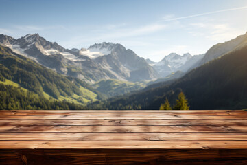 Wooden table on the background of blurry Mountain,winter theme ,product mockup and backdrop