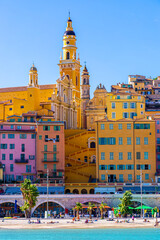 View of Menton, a town on the French Riviera in southeast France known for beaches and the Serre de...