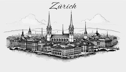 Zürich Skyline Panorama - Vektor-Illustration - obrazy, fototapety, plakaty
