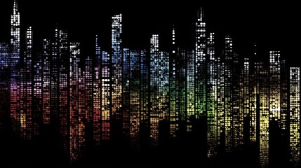 AI-generated pointillist illustration of a city skyline, in colorful metallic. MidJourney.