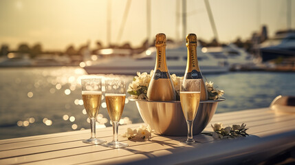 Luxury evening party on cruise yacht with champagne setting. Champagne glasses and bottle with champagne with bokeh yacht on background, nobody - obrazy, fototapety, plakaty
