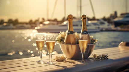 Deurstickers Luxury evening party on cruise yacht with champagne setting. Champagne glasses and bottle with champagne with bokeh yacht on background, nobody © Boraryn