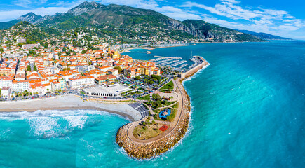 View of Menton, a town on the French Riviera in southeast France known for beaches and the Serre de...