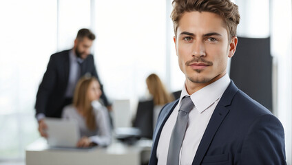 Portrait of young businessman in office, blurred office background