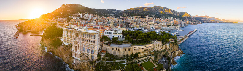 Fototapeta na wymiar Sunset view of oceanographic museum in Monaco, a sovereign city-state on the French Riviera, in Western Europe, on the Mediterranean Sea