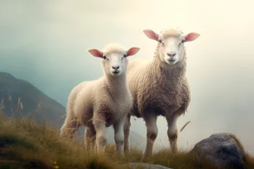 Gordijnen lambs on a foggy mountain field. Bright image.  © Uliana