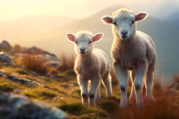 lambs on a foggy mountain field. Bright image. 