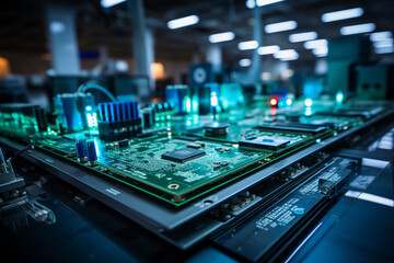 Electronic circuit board on factory production line - obrazy, fototapety, plakaty