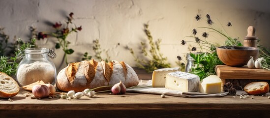 Obraz na płótnie Canvas background of a cozy bakery, set on a sturdy concrete table, a delicious breakfast spread lay before me, comprising of freshly baked bread, assorted cheeses, and organic ingredients. The natural aroma