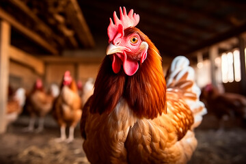 Hen in the stable on a bustling hens farm, showcasing the vibrancy of rural agriculture and poultry farming. Bright image. 