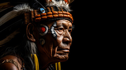 Portrait photo of Indigenous people of the AmericasRed Indian, Native American old warrior chief, tribal panther make up,serious eyes, on black background.