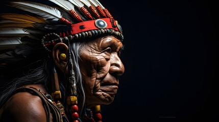 Fototapeta na wymiar Portrait photo of Indigenous people of the Americas ,Red Indian, Native American old warrior chief, tribal panther make up,serious eyes, on black background.