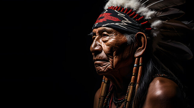 Portrait photo of Indigenous people of the Americas ,Red Indian, Native American old warrior chief, tribal panther make up,serious eyes, on black background.