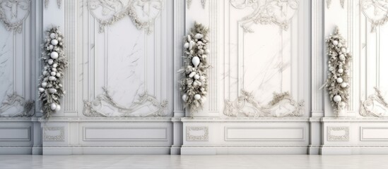 The vintage Christmas wallpaper background features an abstract pattern with a 3D texture, creating a unique and elegant ambiance for the white interior of the building. The marble construction adds a - obrazy, fototapety, plakaty