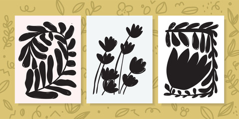 Set of abstract floral, flowers and leaves silhouette minimalist design in black and white, monochrome color vector illustration. Shapes and vintage style.