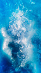 Paint splash background. Heaven cloud. Glowing blue white ethereal smoke puff flow spreading in...