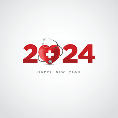 Red heard a medical sign with Stethoscope 2024 on white, Happy New Year for health care, Insurance, Wellness and medical concept. Celebrate the new year with Doctors, Nurses & Medical Staff