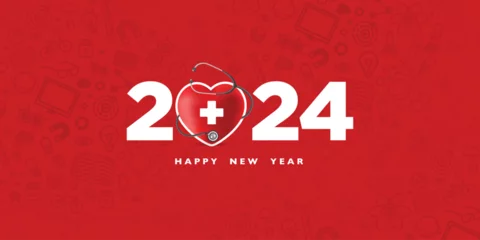 Fotobehang Red heard a medical sign with Stethoscope 2024 on a red background, Happy New Year for health care, Insurance, Wellness and medical concept. Celebrate the new year with Doctors, Nurses & Medical Staff © 2D