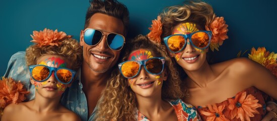 On a vibrant summer day at the beach, a family of four, the mother and father with their child, were fully embracing the vacation concept by wearing colorful clothes and sunglasses. The top view - obrazy, fototapety, plakaty