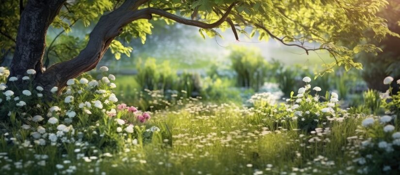 beautiful summer garden, the tree adorned with vibrant green leaves and delicate flowers creates a stunning backdrop of natures beauty, complemented by the ethereal white bokeh, showcasing the vibrant