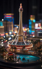 A miniature model of Las Vegas city at nighttime.