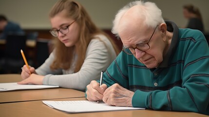 An elderly man with gray hair studying with a group of young college students in library.