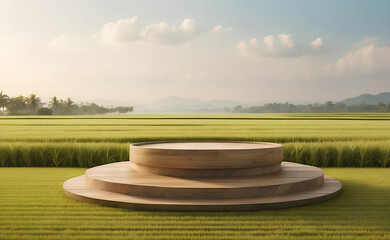 A modern podium with rice field background