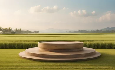 Zelfklevend Fotobehang A modern podium with rice field background © Creative_Bringer