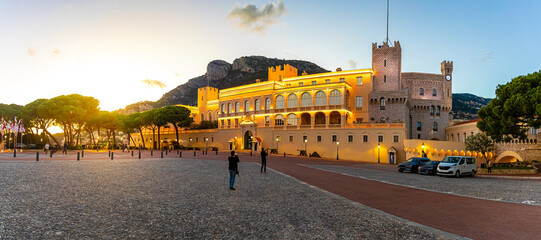 Sunset view of Prince's Palace in Monaco, a sovereign city-state on the French Riviera, in Western...