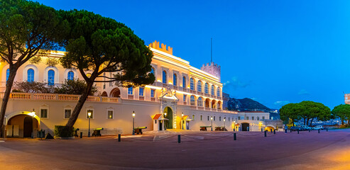Sunset view of Prince's Palace in Monaco, a sovereign city-state on the French Riviera, in Western...