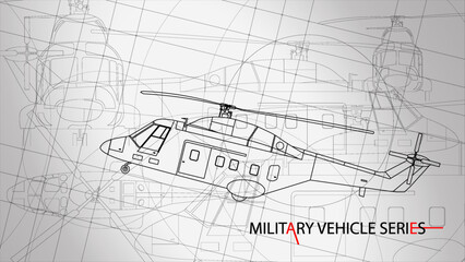 Line art sketch wallpaper of military vehicle series. Drafting art. Lines Drawing against white background. Helicopter fighter model.