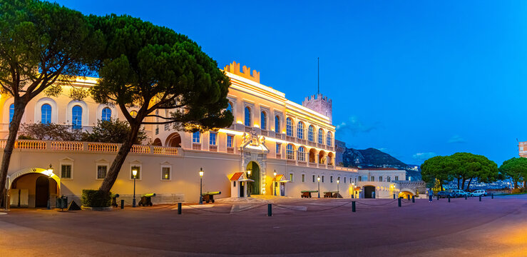 Sunset view of Prince's Palace in Monaco, a sovereign city-state on the French Riviera, in Western Europe, on the Mediterranean Sea