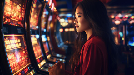  Young asian woman playing slot machine in casino. Casino concept