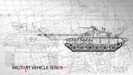 Line art sketch wallpaper of military vehicle series. Drafting art. Lines Drawing against white background. Battle tank model.