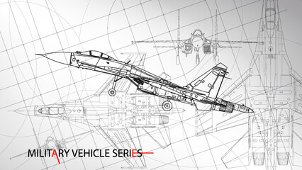 Line art sketch wallpaper of military vehicle series. Drafting art. Lines Drawing against white background. Jet fighter model.