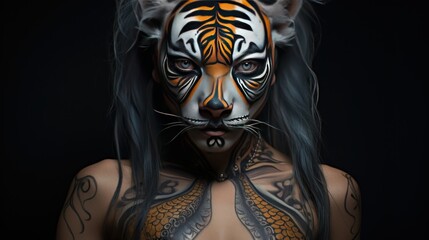 Fototapeta na wymiar woman tiger face tiger background wallpaper ai generated