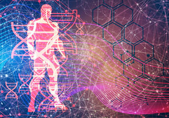 Concept of biochemistry with abstract dna symbol and silhouette of muscular man
