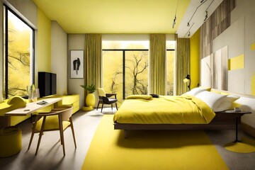 A minimalist room in SAFETY YELLOW, featuring clean lines and a sense of spaciousness.