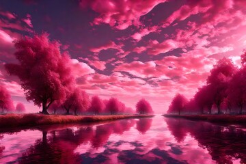 A 3D world where AMARANTH PINK and RUBINE RED waters meet under a CAFE NOIR sky. The reflections are so lifelike, as if taken by an HD camera. - obrazy, fototapety, plakaty