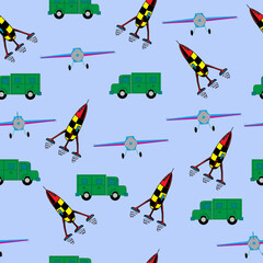 seamless pattern with rockets, planes, and truck
