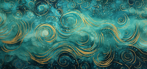 Rich teal and gold fabric textured curves for wallpaper or background 003